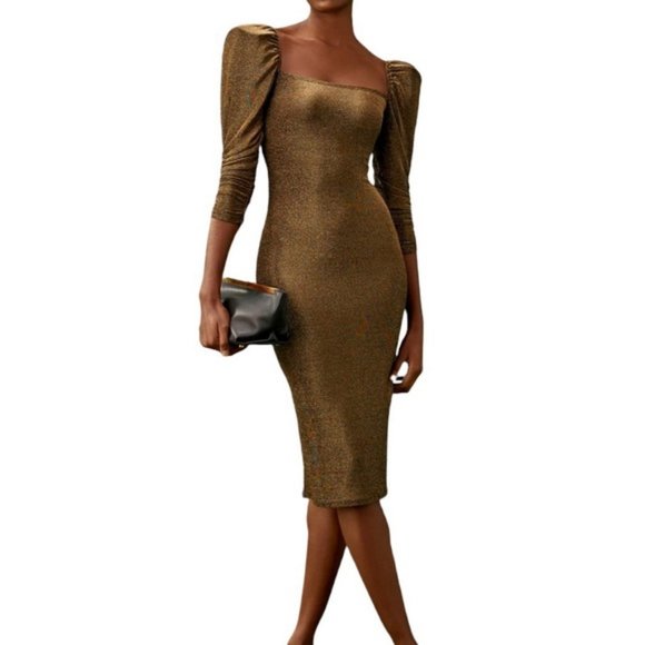 Reformation Dresses & Skirts - Reformation 'Rahm' Ruched Puff Sleeve Dress in Bronze Sparkle Size XS